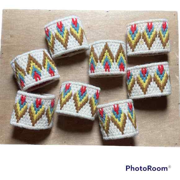 Handmade 1970's Vintage Needlepoint Canvas Napkin Rings - Set of 8 - 70's Boho - Picture 1 of 7